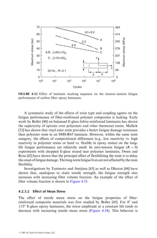 Maximum shear stress txz ¼
3P
4bh
: (4:22b)
From Equation 4.22, it can be seen that the maximum normal stress in the
beam decreases with decreasing L=h ratio and the maximum shear stress (at the
neutral axis) is not affected by the L=h ratio. Thus, for sufficiently small L=h
ratios, the maximum shear stress in the beam will reach the ILSS of the material
even though the maximum normal stress is still quite low. Thus, the beam will
fail in the interlaminar shear mode by cracking along a horizontal plane
between the laminas (Figure 4.32). The recommended L=h ratios for short-
beam shear tests are between 4 and 5. However, testing a few specimens at
various L=h ratios is usually needed before the proper L=h ratio for interlaminar
shear failure is found. For very small L=h ratios a compressive failure may occur
on the top surface of the specimen, whereas for large L=h ratios a tensile failure
may occur at the bottom surface of the specimen [23]. Knowing the maximum
load at failure, the ILSS is determined using Equation 4.22b.
Because of its simplicity, the short-beam shear test is widely accepted for
material screening and quality control purposes [24]. However, it does not
provide design data for the following reasons:
1. Equation 4.22b is based on homogeneous beam theory for long slender
beams, which predicts a continuous parabolic shear stress distribution in
the thickness direction (Figure 4.33). Such symmetrical shear stress
distribution may not occur in a short-beam shear test [25]. Additionally,
it may also contain discontinuities at lamina interfaces. Therefore,
Equation 4.22b is only an approximate formula for ILSS.
2. In the homogeneous beam theory, maximum shear stress occurs at the
neutral plane where normal stresses are zero. In short-beam shear tests of
many laminates, maximum shear stress may occur in an area where other
stresses may exist. As a result, a combination of failure modes, such as fiber
rupture, microbuckling, and interlaminar shear cracking, are observed.
Interlaminarshearfailuremayalsonot takeplaceatthelaminatemidplane.
Fiber direction
Interlaminar
shear crack
FIGURE 4.32 Interlaminar shear failure in a 08 laminate in a short-beam shear test.
ß 2007 by Taylor  Francis Group, LLC.
 