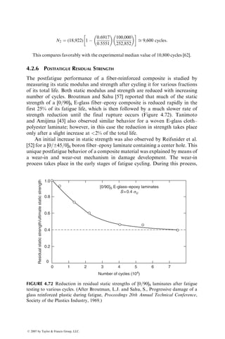 4.2.3.3 Effect of Frequency
The viscoelastic nature of polymers causes a phase difference between cyclic
stresses and strains in polymer matrix composites, which is exemplified by
hysteresis loops even at low stress levels. This results in energy accumulation
in the form of heat within the material. Owing to the low thermal conductivity
of the material, the heat is not easily dissipated, which in turn creates a
temperature difference between the center and surfaces of a polymer matrix
laminate. At a constant stress level, the temperature difference due to viscoelastic
heating increases with increasing frequency of cycling (Figure 4.57). Depending
on the frequency, it may attain a steady-state condition after a few cycles and
then rise rapidly to high values shortly before the specimen failure.
In spite of the heating effect at high cyclic frequencies, Dally and Broutman
[48] found only a modest decrease in fatigue life with increasing frequency up to
40 Hz for cross-ply as well as quasi-isotropic E-glass–epoxy composites.
On the other hand, Mandell and Meier [49] found a decrease in the fatigue life
of a cross-ply E-glass–epoxy laminate as the cyclic frequency was reduced from
1 to 0.1 Hz. For a [±45]2S T-300 carbon–epoxy laminate containing a center hole,
Sun and Chan [50] have reported a moderate increase in fatigue life to a peak value
between 1 and 30 Hz (Figure 4.58). The frequency at which the peak life was
observed shifted toward a higher value as the load level was decreased. Similar
results were observed by Saff [51] for [±45]2S AS carbon–epoxy laminates with
center holes and Reifsnider et al. [52] for [0=±45=0]S boron–aluminum laminates
with center holes.
16
12
8
4
−4 0 4 8
Mean stress (ksi)
103
Cycles
104
Cycles
105
Cycles
106
Cycles
Stress
amplitude
(ksi)
12 16
0
FIGURE 4.56 Effect of mean stress on the fatigue stress amplitude of an E-glass
mat-reinforced polyester laminate. (After Smith, T.R. and Owen, M.J., Mod. Plast., 46,
124, 1969.)
ß 2007 by Taylor  Francis Group, LLC.
 