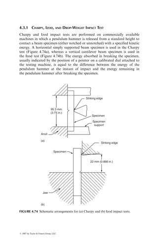 Many fiber-reinforced polymers exhibit less notch sensitivity in fatigue than
conventional metals. Fatigue damage created at the notch tip of these laminates
tends to blunt the notch severity and increases their residual strengths. A
comparison of fatigue strength reductions due to notching in a 2024-T4 alumi-
num alloy with those in a HT carbon–epoxy laminate (Table 4.9) demonstrates
this important advantage of composite materials.
98
84
70
Stress
(MPa)
56
42
102
103
104
Cycles to failure
Frequency=5 Hz
3 mm Unnotched
6 mm
105
106
FIGURE 4.60 Effect of notch depth on the fatigue performance of a cross-ply E-glass–
epoxy laminate. (After Carswell, W.S., Composites, 8, 251, 1977.)
6 mm Hole
4 mm Slot+2 mm Hole
6 mm Slot
Frequency=5 Hz
102
103
104
Cycles to failure
Stress
(MPa)
105
106
FIGURE 4.61 Effect of notch sharpness on the fatigue performance of a cross-ply
E-glass–epoxy laminate. (After Carswell, W.S., Composites, 8, 251, 1977.)
ß 2007 by Taylor  Francis Group, LLC.
 