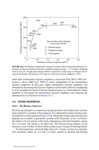 Procedures for determining c, d, and K are given in Ref. [64]. It is worth
noting that, just as the static strengths, the residual strengths at the end of a
prescribed number of cycles also follow the Weibull distribution (Figure 4.73).
4.3 IMPACT PROPERTIES
The impact properties of a material represent its capacity to absorb and
dissipate energies under impact or shock loading. In practice, the impact
condition may range from the accidental dropping of hand tools to high-
speed collisions, and the response of a structure may range from localized
damage to total disintegration. If a material is strain rate sensitive, its static
mechanical properties cannot be used in designing against impact failure.
Furthermore, the fracture modes in impact conditions can be quite different
from those observed in static tests.
A variety of standard impact test methods are available for metals (ASTM
E23) and unreinforced polymers (ASTM D256). Some of these tests have also
been adopted for fiber-reinforced composite materials. However, as in the case
of metals and unreinforced polymers, the impact tests do not yield basic
material property data that can be used for design purposes. They are useful
in comparing the failure modes and energy absorption capabilities of two
different materials under identical impact conditions. They can also be used
in the areas of quality control and materials development.
Equation 4.35
Residual strength (ksi)
Distribution
function
50
0
0.2
0.4
0.6
0.8
1.0
60 70 80 90
FIGURE 4.73 Residual strength distribution in postfatigue tension tests. (After Yang,
J.N., J. Compos. Mater., 12, 19, 1978.)
ß 2007 by Taylor  Francis Group, LLC.
 