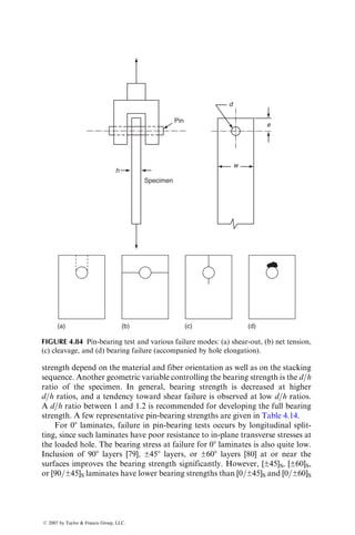 4.3.1 CHARPY, IZOD, AND DROP-WEIGHT IMPACT TEST
Charpy and Izod impact tests are performed on commercially available
machines in which a pendulum hammer is released from a standard height to
contact a beam specimen (either notched or unnotched) with a specified kinetic
energy. A horizontal simply supported beam specimen is used in the Charpy
test (Figure 4.74a), whereas a vertical cantilever beam specimen is used in
the Izod test (Figure 4.74b). The energy absorbed in breaking the specimen,
usually indicated by the position of a pointer on a calibrated dial attached to
the testing machine, is equal to the difference between the energy of the
pendulum hammer at the instant of impact and the energy remaining in
the pendulum hammer after breaking the specimen.
Striking edge
Specimen
Specimen
support
Striking edge
Specimen
Jaw
(b)
22 mm (0.866 in.)
Anvil
(a)
95.3 mm
(3.75 in.)
FIGURE 4.74 Schematic arrangements for (a) Charpy and (b) Izod impact tests.
ß 2007 by Taylor  Francis Group, LLC.
 