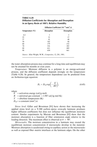 4.3.5 RESIDUAL STRENGTH AFTER IMPACT
If a composite laminate does not completely fail by impact loading, it may still
be able to carry loads even though it has sustained internal as well as surface
damages. The load-carrying capacity of an impact-damaged laminate is meas-
ured by testing it for residual strength in a uniaxial tension test.
The postimpact residual strength as well as the damage growth with
increasing impact velocity is shown schematically in Figure 4.81. For small
impact velocities, no strength degradation is observed (region I). As the damage
appears, the residual tensile strength is reduced with increasing impact velocity
(region II) until a minimum value is reached just before complete perforation
(region III). Higher impact velocities produce complete perforation, and the
hole diameter becomes practically independent of impact velocity (region IV).
The residual strength in this region remains constant and is equal to the
notched tensile strength of the laminate containing a hole of the same diameter
as the impacting ball. Husman et al. [77] proposed the following relationship
between the residual tensile strength in region II and the input kinetic energy:
sR ¼ sU
ﬃﬃﬃﬃﬃﬃﬃﬃﬃﬃﬃﬃﬃﬃﬃﬃﬃﬃﬃﬃﬃﬃﬃ
Us  kUKE
Us
s
, (4:39)
where
sR ¼ residual tensile strength after impact
sU ¼ tensile strength of an undamaged laminate
I
II
Residual
strength
Impact velocity
III IV
Damage size
FIGURE 4.81 Schematic representation of the residual static strength in impact-
damagedlaminates.(AfterAwerbuch,J.andHahn,H.T.,J. Compos.Mater.,10,231, 1976.)
ß 2007 by Taylor  Francis Group, LLC.
 