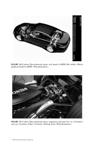 FIGURE 1.8 Carbon fiber-reinforced epoxy roof panel in BMW M6 vehicle. (Photo-
graph provided by BMW. With permission.)
FIGURE 1.9 Carbon fiber-reinforced epoxy suspension and gear box in a Formula 1
race car. (Courtesy of Bar 1 Formula 1 Racing Team. With permission.)
ß 2007 by Taylor  Francis Group, LLC.
 