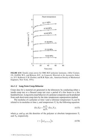 were controlled to obtain a variety of CTEs in the [0=±45]S and [90=±45]S
laminates [85].
4.4.4 THERMAL CONDUCTIVITY
The thermal conductivity of a material represents its capacity to conduct heat.
Polymers in general have low thermal conductivities, which make them useful
as insulating materials. However, in some circumstances, they may also act as a
heat sink with little ability to dissipate heat efficiently. As a result, there may be
a temperature rise within the material.
The thermal conductivity of a fiber-reinforced polymer depends on the fiber
type, orientation, fiber volume fraction, and lamination configuration. A few
representative values are shown in Table 4.18. With the exception of carbon
fibers, fiber-reinforced polymers in general have low thermal conductivities.
Carbon fiber-reinforced polymers possess relatively high thermal conductivities
due to the highly conductive nature of carbon fibers. For unidirectional 08
composites, the longitudinal thermal conductivity is controlled by the fibers and
the transverse thermal conductivity is controlled by the matrix. This is reflected
in widely different values of thermal conductivities in these two directions.
The electrical conductivities of fiber-reinforced polymers are similar in
nature to their thermal counterparts. For example, E-glass fiber-reinforced
polymers are poor electrical conductors and tend to accumulate static electri-
city. For protection against static charge buildup and the resulting electromag-
netic interference (EMI) or radio frequency interference (RFI), small quantities
of conductive fibers, such as carbon fibers, aluminum flakes, or aluminum-
coated glass fibers, are added to glass fiber composites.
TABLE 4.18
Thermal Conductivities of Various Composite Laminates
Thermal Conductivity, W=m per 8C (Btu=h ft per 8F)
Unidirectional (08)
Material Longitudinal Transverse Quasi-Isotropic
S-glass–epoxy 3.46 (2) 0.35 (0.2) 0.346 (0.2)
Kevlar 49–epoxy 1.73 (1) 0.173 (0.1) 0.173 (0.1)
Carbon–epoxy
High modulus 48.44–60.55 (28–35) 0.865 (0.5) 10.38–20.76 (6–12)
Ultrahigh modulus 121.1–29.75 (70–75) 1.04 (0.6) 24.22–31.14 (14–18)
Boron–epoxy 1.73 (1) 1.04 (0.6) 1.384 (0.8)
Aluminum 138.4–216.25 (80–125)
Steel 15.57–46.71 (9–27)
Epoxy 0.346 (0.2)
Source: Adapted from Freeman, W.T. and Kuebeler, G.C., Composite Materials: Testing and
Design (Third Conference), ASTM STP, 546, 435, 1974.
ß 2007 by Taylor  Francis Group, LLC.
 