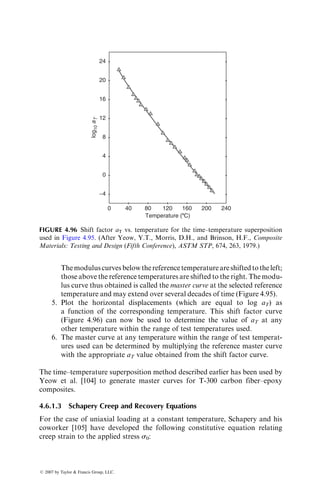 however, vinyl ester laminates had higher strength retention than all polyester
laminates.
The concern for the reduction in mechanical properties of thermoplastic
matrix composites at elevated temperatures is more than the thermoset matrix
composites, since the properties of thermoplastic polymers reduce significantly
at or slightly above their glass transition temperatures. As in thermoset matrix
composites, the effect of increasing temperature is more pronounced for matrix-
dominated properties than for fiber-dominated properties (Figure 4.88).
4.5.2 MOISTURE
When exposed to humid air or water environments, many polymer matrix
composites absorb moisture by instantaneous surface absorption followed by
diffusion through the matrix. Analysis of moisture absorption data for epoxy
and polyester matrix composites shows that the moisture concentration
increases initially with time and approaches an equilibrium (saturation) level
after several days of exposure to humid environment (Figure 4.89). The rate at
which the composite laminate attains the equilibrium moisture concentration is
determined by its thickness as well as the ambient temperature. On drying, the
moisture concentration is continually reduced until the composite laminate
returns to the original as-dry state. In general, the rate of desorption is higher
than the rate of absorption, although for the purposes of analysis they are
assumed to be equal.
100
80
60
40
Percent
retention
of
flexural
modulus
20
0
50 150 250
Test temperature (°F)
350
SMC-R65
Polyester
Vinyl ester
Epoxy
FIGURE 4.87 Effect of increasing test temperature on the static flexural modulus of
E-glass-SMC-R65 laminates. (After Mallick, P.K., Polym. Compos., 2, 18, 1981.)
ß 2007 by Taylor  Francis Group, LLC.
 
