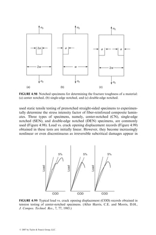the water absorption process may continue for a long time and equilibrium may
not be attained for months or even years.
Temperature: Moisture diffusion in a polymer is an energy-activated
process, and the diffusion coefficient depends strongly on the temperature
(Table 4.20). In general, the temperature dependence can be predicted from
an Arrhenius-type equation:
Dz ¼ Dz0 exp 
E
RT
 
, (4:45)
where
E ¼ activation energy (cal=g mol)
R ¼ universal gas constant ¼ 1.987 cal=(g mol K)
T ¼ absolute temperature (K)
Dz0 ¼ a constant (mm2
=s)
Stress level: Gillat and Broutman [91] have shown that increasing the
applied stress level on a T-300 carbon–epoxy cross-ply laminate produces
higher diffusion coefficients but does not influence the equilibrium moisture
content. Similar experiments by Marom and Broutman [92] show that the
moisture absorption is a function of fiber orientation angle relative to the
loading direction. The maximum effect is observed at u ¼ 908.
Microcracks: The moisture concentration in a laminate may exceed the
equilibrium moisture concentration if microcracks develop in the material.
Moisture absorption is accelerated owing to capillary action at the microcracks
as well as exposed fiber–matrix interfaces at the laminate edges. On the other
TABLE 4.20
Diffusion Coefficients for Absorption and Desorption
in an Epoxy Resin at 100% Relative Humidity
Diffusion Coefficient (108
mm2
=s)
Temperature (8C) Absorption Desorption
0.2 3 3
25 21 17
37 41 40
50 102 88
60 179 152
70 316 282
80 411 489
90 630 661
Source: After Wright, W.W., Composites, 12, 201, 1981.
ß 2007 by Taylor  Francis Group, LLC.
 