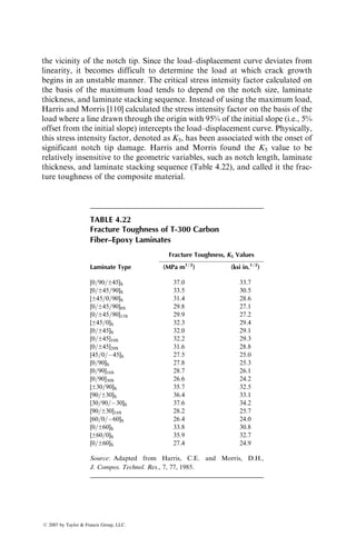hand, there may be an ‘‘apparent’’ reduction in moisture concentration if there
is a loss of material from leaching or cracking.
Thermal spikes: Diffusion characteristics of composite laminates may
alter significantly if they are rapidly heated to high temperatures followed by
rapid cooling to the ambient condition, a process known as thermal spiking.
McKague et al. [93] have shown that the moisture absorption in specimens
exposed to 75% relative humidity at 248C and occasional (twice weekly) thermal
spikes (rapid heating to 1498C followed by rapid cooling to 248C) is twice that of
specimens not exposed to spikes. Additionally, thermally spiked specimens
exhibit a permanent change in their moisture absorption characteristics.
The increased diffusion rate and higher moisture absorption are attributed
to microcracks formed owing to stress gradients caused by thermal cycling and
resin swelling. The service temperature in a spike environment should be limited
to the glass transition temperature Tg of the resin, since spike temperatures
above Tg cause much higher moisture absorption than those below Tg.
Reverse thermal effect: Adamson [94] has observed that cast-epoxy resins
or epoxy-based laminates containing an equilibrium moisture concentration
exhibit a rapid rate of moisture absorption when the ambient temperature
is reduced. For example, an AS carbon fiber-reinforced epoxy laminate
attained an equilibrium moisture concentration of 2.3 wt% after 140 days of
exposure at 748C. When the exposure temperature was reduced to 258C, the
equilibrium moisture concentration increased to 2.6% within 40 days. This
inverse temperature dependence of moisture absorption is called the reverse
thermal effect.
4.5.2.2 Physical Effects of Moisture Absorption
Moisture absorption produces volumetric changes (swelling) in the resin, which
in turn cause dimensional changes in the material. Assuming that the swollen
volume of the resin is equal to the volume of absorbed water, the resulting
volume change can be computed from the following relationship:
DV(t)
V0
¼
rm
rw
M, (4:46)
where
rm ¼ matrix density
rw ¼ water density (1 kg=mm3
)
M ¼ moisture content at time t
The corresponding dilatational (volumetric) strain in the resin is
«m ¼
1
3
DV
V0
¼
1
3
rm
rw
M ¼ bmM, (4:47)
ß 2007 by Taylor  Francis Group, LLC.
 