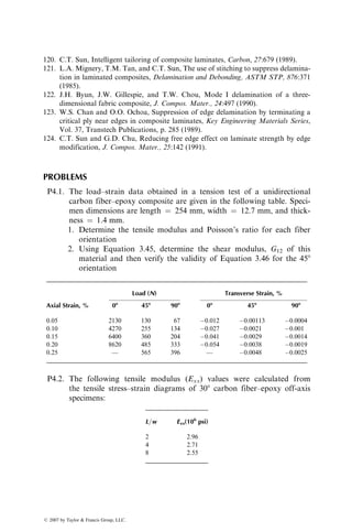 4.7.2 DELAMINATION GROWTH RESISTANCE
Interply delamination is considered the most critical failure mode limiting the
long-term fatigue life of certain composite laminates [114]. In general, delami-
nation develops at the free edges of a laminate where adverse interlaminar
stresses may exist owing to its particular stacking sequence. Once developed,
the delaminated areas may grow steadily with increasing number of cycles,
which in turn reduces the effective modulus of the laminate. The presence of
delamination also causes a redistribution of stresses within the laminate, which
may influence the initiation of fiber breakage in the primary load-bearing plies
and reduce the fatigue life of the laminate. In recognition of this problem, a
number of test methods [115] have been developed to measure the interlaminar
fracture toughness of composite laminates.
The interlaminar fracture toughness, measured in terms of the critical strain
energy release rate, is defined as the amount of strain energy released in
propagating delamination by a unit length. This LEFM parameter is frequently
used for comparing the resistance of various resin systems against the growth of
delamination failure.
Delamination may occur in Mode I (opening mode or tensile mode of crack
propagation), Mode II (sliding mode or in-plane shear mode of crack propa-
gation), Mode III (tearing mode or antiplane shear mode of crack propaga-
tion), or a combination of these modes. The test methods used for determining
the critical strain energy release rate in Mode I and Mode II delaminations are
briefly described here. In Mode I, crack propagation occurs as the crack
surfaces pull apart due to a normal stress perpendicular to the crack plane. In
Mode II, crack propagation occurs as the crack surfaces slide over each other
due to a shear stress parallel to the crack plane. The compliance method is used
in the calculation of the strain energy release rate for each mode, which is
related to the specimen compliance by the following equation:
GI or GII ¼
P2
2w
dC
da
, (4:59)
where
P ¼ applied load
w ¼ specimen width
a ¼ crack length (measured by a traveling microscope during the test)
C ¼ specimen compliance (slope of the load–displacement curve for each
crack length) (see Figure 4.102)
dC
da ¼ slope of the compliance vs. crack length curve
The interlaminar fracture toughness, GIc in Mode I and GIIc in Mode II, are
calculated using the critical load Pc and dC
da corresponding to the crack length at
the onset of delamination propagation.
ß 2007 by Taylor  Francis Group, LLC.
 