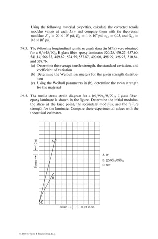 4.7.2.1 Mode I Delamination
Two commonly used Mode I interlaminar fracture energy tests are the double-
cantilever beam (DCB) test and the edge delamination tension (EDT) test.
DCB test: The DCB test is used for determining the strain energy release
rate GI for delamination growth under Mode I loading. It commonly uses a
straight-sided 08 unidirectional specimen (Figure 4.101) in which an initial
crack (delamination) is created by inserting a thin Teflon film (typically 0.013
mm thick) at the midplane before molding the laminate. Hinged metal tabs are
bonded at the delaminated end of the specimen. Load is applied through the
metal tabs until the initial crack grows slowly by a predetermined length. The
specimen is unloaded and then reloaded until the new crack in the specimen
grows slowly by another predetermined length. This process is repeated several
times with the same specimen to obtain a series of load–displacement records,
as shown in Figure 4.102. For each crack length, a specimen compliance value
is calculated using the slope of the loading portion of the corresponding load–
displacement record. A typical compliance vs. crack length curve is shown in
Figure 4.103.
EDT test: The EDT test uses a straight-sided 11-ply [(30)2=90=90]S
laminate that exhibits free-edge delaminations at both 308=908 interfaces
under a tensile load. It involves determining the laminate stiffness ELAM and
Initial crack Laminate
Hinged end tab
P
P
FIGURE 4.101 A double-cantilever beam (DCB) specimen.
ß 2007 by Taylor  Francis Group, LLC.
 