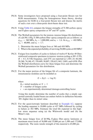 4.7.3.2 Interleaving
A second approach of enhancing the interlaminar fracture toughness is to add a
thin layer of tough, ductile polymer or adhesive between each consecutive plies
in the laminate [118] (Figure 4.107). Although the resin-rich interleaves increase
the interlaminar fracture toughness, fiber-dominated properties, such as tensile
TABLE 4.23
Mode I Interlaminar Fracture Toughness as Influenced by the Matrix
Composition
Matrix Properties Composite Propertiesa
General Feature
of the Base Resin
Tensile
Strain-to-
Failure (%) GIc (J=m2
) vf (%)
Transverse
Tensile Strain-
to-Failure (%) GIc (J=m2
)
Rigid TGMDA=DDS epoxy 1.34 70 76 0.632 190
Moderately cross-linked with
rigid backbone between
cross-links
1.96 167 54 0.699 335
Same as above plus CTBN
rubber particles
3.10 730 60 0.580 1015
69 520
71 615
Epoxy with low cross-link
density and soft backbone
between cross-links
3.24 460 58 0.538 455
Same as above plus CTBN
rubber particles
18.00 5000 57 0.538 1730
Source: Adapted from Jordan, W.M., Bradley, W.L., and Moulton, R.J., J. Compos. Mater., 23,
923, 1989.
a
08 Unidirectional carbon fiber-reinforced epoxy composites.
Adhesive
layers
(a) (b)
FIGURE 4.107 Interleaving with adhesive layers (a) along the whole laminate width and
(b) along the free edges only.
ß 2007 by Taylor  Francis Group, LLC.
 