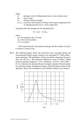 fracture toughness of such three-dimensional composites over the two-dimen-
sional 0=90 laminates; however, the in-plane stiffness properties are decreased.
4.7.3.6 Ply Termination
High interlaminar stresses created by mismatching plies in a narrow region near
the free edge are reduced if they are terminated away from the free edge. Chan
and Ochoa [123] tension tested [±35=0=09]S laminates in which the 908 layers
were terminated at ~3.2 mm away from the free edges of the tension specimen
and found no edge delamination up to the point of laminate failure. The
ultimate tensile strength of the laminate with 908 ply terminations was 36%
higher than the baseline laminate without ply termination. In the baseline
laminate, free-edge delamination between the central 908 layers was observed
at 49% of the ultimate load.
4.7.3.7 Edge Modification
Sun and Chu [124] introduced a series of narrow and shallow (1.6–3.2 mm deep)
notches (Figure 4.109) along the laminate edges and observed a significant
z
908 0⬚
FIGURE 4.108 Construction of a three-dimensional laminate.
Machined notches along
the free edges of a laminate
FIGURE 4.109 Edge notched laminate.
ß 2007 by Taylor  Francis Group, LLC.
 