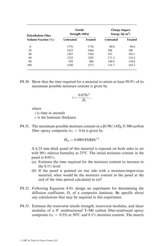 16. Y.T. Yeow and H.F. Brinson, A comparison of simple shear characterization
methods for composite laminates, Composites, 9:49 (1978).
17. C.C. Chiao, R.L. Moore, and T.T. Chiao, Measurement of shear properties of
fibre composites. Part 1: Evaluation of test methods, Composites, 8:161 (1977).
18. C.C. Chamis and J.J. Sinclair, Ten-deg off-axis test for shear properties in fiber
composites, Exp. Mech., 17:339 (1977).
19. D.E. Walrath and D.F. Adams, The Iosipescu shear test as applied to composite
materials, Exp. Mech., 23:105 (1983).
20. D.W. Wilson, Evaluation of V-notched beam shear test through an interlaboratory
study, J. Compos. Technol. Res., 12:131 (1990).
21. J.M. Whitney, D.L. Stansberger, and H.B. Howell, Analysis of the rail shear test—
applications and limitations, J. Compos. Mater., 5:24 (1971).
22. R. Garcia, T.A. Weisshaar, and R.R. McWithey, An experimental and analytical
investigation of the rail shear-test method as applied to composite materials, Exp.
Mech., 20:273 (1980).
23. B.K. Daniels, N.K. Harakas, and R.C. Jackson, Short beam shear tests of graphite
fiber composites, Fibre Sci. Technol., 3:187 (1971).
24. W.W. Stinchcomb, E.G. Henneke, and H.L. Price, Use of the short-beam shear test
for quality control of graphite-polyimide laminates, Reproducibility and Accuracy
of Mechanical Tests, ASTM STP, 626:96 (1977).
25. C.A. Berg, T. Tirosh, and M. Israeli, Analysis of the short beam bending of fiber
reinforced composites, Composite Materials: Testing and Design (Second Confer-
ence), ASTM STP, 497:206 (1972).
26. L.L. Lorenzo and H.T. Hahn, Fatigue failure mechanisms in unidirectional
composites, Composite Materials—Fatigue and Fracture, ASTM STP, 907:
210 (1986).
27. H.T. Hahn and R.Y. Kim, Fatigue behavior of composite laminates, J. Compos.
Mater., 10:156 (1976).
28. B.D. Agarwal and J.W. Dally, Prediction of low-cycle fatigue behavior of GFRP:
an experimental approach, J. Mater. Sci., 10:193 (1975).
29. H.T. Hahn and R.Y. Kim, Proof testing of composite materials, J. Compos.
Mater., 9:297 (1975).
30. D.A. Riegner and B.A. Sanders, A characterization study of automotive continu-
ous and random glass fiber composites, Proceedings National Technical Confer-
ence, Society of Plastics Engineers, November (1979).
31. R.A. Heimbuch and B.A. Sanders, Mechanical properties of automotive chopped
fiber reinforced plastics, Composite Materials in the Automobile Industry, ASME,
New York (1978).
32. P.K. Mallick, Fatigue characteristics of high glass content sheet molding com-
pound (SMC) materials, Polym. Compos., 2:18 (1981).
33. R.B. Pipes, Interlaminar shear fatigue characteristics of fiber reinforced composite
materials, Composite Materials: Testing and Design (Third Conference), ASTM
STP, 546:419 (1974).
34. C.K.H. Dharan, Interlaminar shear fatigue of pultruded graphite fibre–polyester
composites, J. Mater. Sci., 13:1243 (1978).
35. M.J. Owen and S. Morris, Some interlaminar-shear fatigue properties of carbon-
fibre-reinforced plastics, Plast. Polym., 4:209 (1972).
ß 2007 by Taylor  Francis Group, LLC.
 