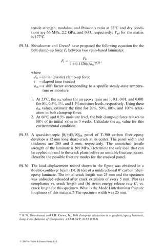 36. D.W. Wilson, Characterization of the interlaminar shear fatigue properties of
SMC-R50, Technical Report No. 80–05, Center for Composite Materials, Univer-
sity of Delaware, Newark, DE (1980).
37. D.C. Phillips and J.M. Scott, The shear fatigue of unidirectional fibre composites,
Composites, 8:233 (1977).
38. J.D. Conners, J.F. Mandell, and F.J. McGarry, Compressive fatigue in glass and
graphite reinforced composites, Proceedings 34th Annual Technical Conference,
Society of the Plastics Industry (1979).
39. Z. Hashin and A. Rotem, A fatigue failure criterion for fiber reinforced materials,
J. Compos. Mater., 7:448 (1973).
40. K.H. Boller, Fatigue characteristics of RP laminates subjected to axial loading,
Mod. Plast., 41:145 (1964).
41. J.W. Davis, J.A. McCarthy, and J.N. Schrub, The fatigue resistance of reinforced
plastics, Materials in Design Engineering, p. 87 (1964).
42. M.J. Owen and R.G. Rose, Polyester flexibility versus fatigue behavior of RP,
Mod. Plast., 47:130 (1970).
43. T. Tanimoto and S. Amijima, Progressive nature of fatigue damage of glass fiber
reinforced plastics, J. Compos. Mater., 9 (1975).
44. C.K.H. Dharan, Fatigue failure in graphite fibre and glass fibre-polymer compos-
ites, J. Mater. Sci., 10:1665 (1975).
45. K.H. Boller, Effect of tensile mean stresses on fatigue properties of plastic lamin-
ates reinforced with unwoven glass fibers, U.S. Air Force Materials Laboratory,
Report No. ML-TDR-64–86, June (1964).
46. S.V. Ramani and D.P. Williams, Axial fatigue of [0=±30]6S graphite=epoxy, Failure
Mode in Composites III, AIME, p. 115 (1976).
47. T.R. Smith and M.J. Owen, Fatigue properties of RP, Mod. Plast., 46:124
(1969).
48. J.W. Dally and L.J. Broutman, Frequency effects on the fatigue of glass reinforced
plastics, J. Compos. Mater., 1:424 (1967).
49. J.F. Mandell and U. Meier, Effects of stress ratio, frequency, and loading time on
the tensile fatigue of glass-reinforced epoxy, Long-Term Behavior of Composites,
ASTM STP, 813:55 (1983).
50. C.T. Sun and W.S. Chan, Frequency effect on the fatigue life of a laminated
composite, Composite Materials, Testing and Design (Fifth Conference), ASTM
STP, 674:418 (1979).
51. C.R. Saff, Effect of load frequency and lay-up on fatigue life of composites, Long-
Term Behavior of Composites, ASTM STP, 813:78 (1983).
52. K.L. Reifsnider, W.W. Stinchcomb, and T.K. O’Brien, Frequency effects on a
stiffness-based fatigue failure criterion in flawed composite specimens, Fatigue of
Filamentary Composite Materials, ASTM STP, 636: 171 (1977).
53. J.H. Underwood and D.P. Kendall, Fatigue damage in notched glass–epoxy sheet,
Proceedings International Conference on Composite Materials, Vol. 2, AIME,
p. 1122 (1975).
54. C.K.H. Dharan, Fatigue failure mechanisms in a unidirectionally reinforced com-
posite material, Fatigue of Composite Materials, ASTM STP, 569:171 (1975).
55. H.C. Kim and L.J. Ebert, Axial fatigue failure sequence and mechanisms in
unidirectional fiberglass composites, J. Compos. Mater., 12:139 (1978).
56. R. Talreja, Fatigue of composite materials: damage mechanisms and fatigue-life
diagrams, Proc. R. Soc. Lond., A, 378:461 (1981).
ß 2007 by Taylor  Francis Group, LLC.
 