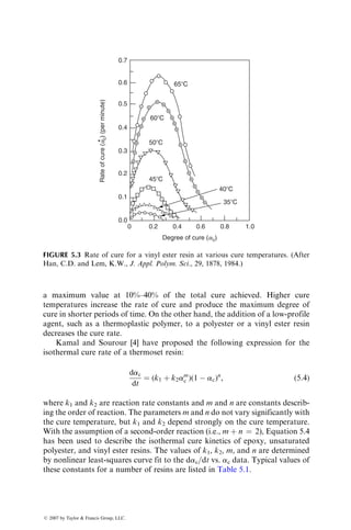 Using the following material properties, calculate the corrected tensile
modulus values at each L=w and compare them with the theoretical
modulus: E11 ¼ 20 3 106
psi, E22 ¼ 1 3 106
psi, n12 ¼ 0.25, and G12 ¼
0.6 3 106
psi.
P4.3. The following longitudinal tensile strength data (in MPa) were obtained
for a [0=±45=90]S E-glass fiber–epoxy laminate: 520.25, 470.27, 457.60,
541.18, 566.35, 489.82, 524.55, 557.87, 490.00, 498.99, 496.95, 510.84,
and 558.76.
(a) Determine the average tensile strength, the standard deviation, and
coefficient of variation
(b) Determine the Weibull parameters for the given strength distribu-
tion
(c) Using the Weibull parameters in (b), determine the mean strength
for the material
P4.4. The tensile stress–strain diagram for a [(0=90)2=0=90]S E-glass fiber–
epoxy laminate is shown in the figure. Determine the initial modulus,
the stress at the knee point, the secondary modulus, and the failure
strength for the laminate. Compare these experimental values with the
theoretical estimates.
C
B
A
A: 0⬚
C: 90⬚
B: [(0/90)2/0/90]S
Strain
Stress
10
ksi
0.01 in./in.
ß 2007 by Taylor  Francis Group, LLC.
 