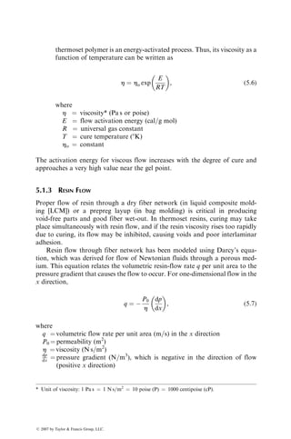 P4.13. Using Equation 4.12, develop a correction factor for the modulus
measurements in a three-point flexure test with a small span–thickness
ratio and plot the ratio of corrected modulus and measured modulus
as a function of the span–thickness ratio.
P4.14. Using the homogeneous beam theory, develop equations for flexural
strength and modulus calculations from the load–deflection diagram in
a four-point static flexure test.
P4.15. Using the lamination theory, develop the flexural load–deflection
diagram (up to the point of first failure) of a sandwich hybrid beam
containing 08 T-300 carbon fiber-reinforced epoxy in the two outer
layers and 08 E-glass fiber-reinforced epoxy in the core. Describe the
failure mode expected in flexural loading of such a beam.
P4.16. Unidirectional 08 Kevlar 49 composites exhibit a linear stress–strain
curve in a longitudinal tension test; however, their longitudinal compres-
sive stress–strain curve is similar to that of an elastic, perfectly plastic
metal (see the figure). Furthermore, the compressive proportional limit
for a Kevlar 49 composite is lower than its tensile strength. Explain how
these two behaviors may affect the stress distribution across the thick-
ness of a unidirectional Kevlar 49 composite beam as the transversely
applied load on the beam is increased. Estimate the transverse load at
which the flexural load–deflection diagram of a Kevlar 49 beam becomes
nonlinear. (Hint: Assume that the strain distribution through the thick-
ness of the beam remains linear at all load levels.)
Tension
Compression
Strain
Stress
P4.17. The flexural strength of a unidirectional 08 E-glass–vinyl ester beam is
95 ksi, and the estimated ILSS for the material is 6 ksi. Determine the
maximum span–thickness ratio for a short-beam shear specimen in
which interlaminar shear failure is expected.
ß 2007 by Taylor  Francis Group, LLC.
 