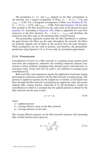 1. Determine the residual static strength of this material after 50% of
the fatigue life at each stress level
2. After cycling for 50% of the fatigue life at 35,000 psi, the maximum
stress level in a fatigue specimen is increased to 56,000 psi. Estimate
the number of cycles the specimen would survive at 56,000 psi
3. If the first stress level is 56,000 psi, which is then followed by 35,000
psi, estimate the number of cycles at the second stress level
P4.25. Adam et al.* have found that, depending on the fiber type, the post-
fatigue residual strength of [0=90] cross-plied composites may show
either a gradual decrease with increasing number of cycles (usually
after a rapid reduction in the first few cycles) or virtually no change
until they fail catastrophically (sudden death). They proposed the
following empirical equation to predict the residual strength:
sres ¼ smax(sU  smax)(1  rx
)1=y
,
where
r ¼
log N  log 0:5
log Nf  log 0:5
x, y ¼ parameters obtained by fitting the residual strength equation to
the experimental data (both vary with material and environmen-
tal conditions)
Graphically compare the residual strength after fatigue for the follo-
wing [(0=90)2=0=90]S epoxy laminates at smax ¼ 0.9, 0.7, and 0.5 sU:
Fiber sU (MPa) x y
HTS carbon 944 1.8 23.1
E-glass 578 1.5 4.8
Kevlar 49 674 2.1 8.8
P4.26. Poursartip et al.y
have proposed the following empirical equation to
represent the fatigue damage (delamination) growth rate at R ¼ 0.1 in
[±45=90=45=0]S carbon fiber–epoxy laminate:
dD
dN
¼ k1
Ds
sU
 k2
,
* T. Adam, R.F. Dickson, C.J. Jones, H. Reiter, and B. Harris, A power law fatigue damage model
for fibre-reinforced plastic laminates, Proc. Inst. Mech. Eng., 200:155 (1986).
y
A. Poursartip, M.F. Ashby, and P.W.R. Beaumont, The fatigue damage mechanics of fibrous
composites, Polymer NDE (K.H.G. Ashbee, ed.), Technomic Pub. Co. (1986).
ß 2007 by Taylor  Francis Group, LLC.
 