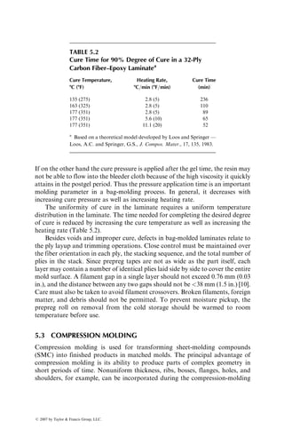 The amount of heat released in time t at a constant curing temperature T is
determined from isothermal experiments. The area under the rate of heat
generation–time curve obtained in an isothermal experiment is expressed as
H ¼
ðt
0
dQ
dt
 
i
dt, (5:2)
where H is the amount of heat released in time t and (dQ=dt)i is the rate of heat
generation in an isothermal experiment conducted at a constant temperature T.
The degree of cure ac at any time t is defined as
ac ¼
H
HR
: (5:3)
Figure 5.2 shows a number of curves relating the degree of cure ac to cure time
for a vinyl ester resin at various cure temperatures. From this figure, it can be
seen that ac increases with both time and temperature; however, the rate of
cure, dac=dt, is decreased as the degree of cure attains asymptotically a max-
imum value. If the cure temperature is too low, the degree of cure may not
reach a 100% level for any reasonable length of time. The rate of cure dac=dt,
obtained from the slope of ac vs. t curve and plotted in Figure 5.3, exhibits
65⬚C 60⬚C
50⬚C
45⬚C
40⬚C
35⬚C
0
0 .2
0 .4
0 .6
0 .8
Degree
of
cure
Cure time (min)
0.1 1 10 100
FIGURE 5.2 Degree of cure for a vinyl ester resin at various cure temperatures. (After
Han, C.D. and Lem, K.W., J. Appl. Polym. Sci., 29, 1878, 1984.)
ß 2007 by Taylor  Francis Group, LLC.
 