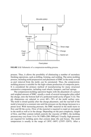 a maximum value at 10%–40% of the total cure achieved. Higher cure
temperatures increase the rate of cure and produce the maximum degree of
cure in shorter periods of time. On the other hand, the addition of a low-profile
agent, such as a thermoplastic polymer, to a polyester or a vinyl ester resin
decreases the cure rate.
Kamal and Sourour [4] have proposed the following expression for the
isothermal cure rate of a thermoset resin:
dac
dt
¼ (k1 þ k2am
c )(1  ac)n
, (5:4)
where k1 and k2 are reaction rate constants and m and n are constants describ-
ing the order of reaction. The parameters m and n do not vary significantly with
the cure temperature, but k1 and k2 depend strongly on the cure temperature.
With the assumption of a second-order reaction (i.e., m þ n ¼ 2), Equation 5.4
has been used to describe the isothermal cure kinetics of epoxy, unsaturated
polyester, and vinyl ester resins. The values of k1, k2, m, and n are determined
by nonlinear least-squares curve fit to the dac=dt vs. ac data. Typical values of
these constants for a number of resins are listed in Table 5.1.
65⬚C
60⬚C
0.7
0.6
0.5
0.4
0.3
0.2
0.1
0.0
0 0.2 0.4 0.6
Degree of cure (ac)
0.8 1.0
50⬚C
45⬚C
40⬚C
35⬚C
Rate
of
cure
(a
c
)
(per
minute)
FIGURE 5.3 Rate of cure for a vinyl ester resin at various cure temperatures. (After
Han, C.D. and Lem, K.W., J. Appl. Polym. Sci., 29, 1878, 1984.)
ß 2007 by Taylor  Francis Group, LLC.
 