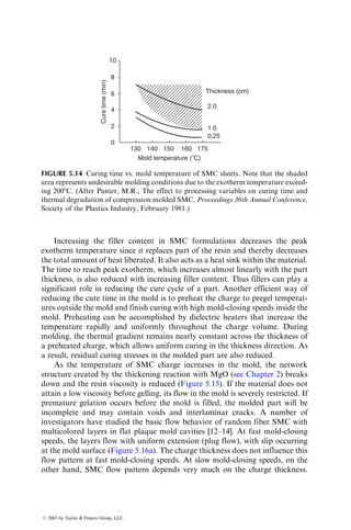 1. A B-staged or a thickened resin has a much higher viscosity than the
neat resin at all stages of curing.
2. The addition of fillers, such as CaCO3, to the neat resin increases its
viscosity as well as the rate of viscosity increase during curing. On the
Shear-
thickening
Newtonian
Shear-thinning
Shear rate
Shear
stress
FIGURE 5.4 Schematic shear stress vs. shear rate curves for various types of liquids.
Note that the viscosity is defined as the slope of the shear stress–shear rate curve.
500
400
127⬚C
117⬚C
107⬚C
97⬚C
300
200
100
0
0 10 20
Time (min)
Viscosity
(poise)
30 40
FIGURE 5.5 Variation of viscosity during isothermal curing of an epoxy resin. (After
Kamal, M.R., Polym. Eng. Sci., 14, 231, 1974.)
ß 2007 by Taylor  Francis Group, LLC.
 