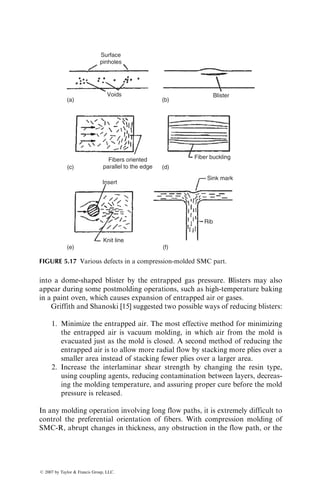 The permeability is determined by the following equation known as the
Kozeny-Carman equation:
P0 ¼
d2
f
16K
(1  vf)3
v2
f
, (5:8)
where
df ¼ fiber diameter
vf ¼ fiber volume fraction
K ¼ Kozeny constant
Equations 5.7 and 5.8, although simplistic, have been used by many investiga-
tors in modeling resin flow from prepregs in bag-molding process and mold
filling in RTM. Equation 5.8 assumes that the porous medium is isotropic, and
the pore size and distribution are uniform. However, fiber networks are non-
isotropic and therefore, the Kozeny constant, K, is not the same in all direc-
tions. For example, for a fiber network with unidirectional fiber orientation,
the Kozeny constant in the transverse direction (K22) is an order of magnitude
higher than the Kozeny constant in the longitudinal direction (K11). This means
that the resin flow in the transverse direction is much lower than that in
the longitudinal direction. Furthermore, the fiber packing in a fiber network
is not uniform, which also affects the Kozeny constant, and therefore the
resin flow.
Equation 5.8 works well for predicting resin flow in the fiber direction.
However, Equation 5.8 is not valid for resin flow in the transverse direction,
since according to this equation resin flow between the fibers does not stop even
when the fiber volume fraction reaches the maximum value at which the fibers
touch each other and there are no gaps between them. Gebart [6] derived the
following permeability equations in the fiber direction and normal to the fiber
direction for unidirectional continuous fiber network with regularly arranged,
parallel fibers.
In the fiber direction: P11 ¼
2d2
f
C1
1  v3
f
 
v2
f
, (5:9a)
Normal to the fiber direction: P22 ¼ C2
ﬃﬃﬃﬃﬃﬃﬃﬃﬃﬃﬃﬃ
vf, max
vf
r
 1
 
5=2
d2
f
4
, (5:9b)
where
C1 ¼ hydraulic radius between the fibers
C2 ¼ a constant
vf,max ¼ maximum fiber volume fraction (i.e., at maximum fiber packing)
ß 2007 by Taylor  Francis Group, LLC.
 