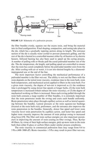 60 vol% which is considered an industry standard for aerospace applications.
The excess resin flowing out from the prepreg removes the entrapped air and
residual solvents, which in turn reduces the void content in the laminate.
However, the recent trend is to employ a near-net resin content, typically
34 wt%, and to allow only 1–2 wt% resin loss during molding.
Figure 5.9 shows the schematic of a bag-molding process. The mold surface
is covered with a Teflon-coated glass fabric separator (used for preventing
sticking in the mold) on which the prepreg plies are laid up in the desired fiber
orientation angle as well as in the desired sequence. Plies are trimmed from the
prepreg roll into the desired shape, size, and orientation by means of a cutting
device, which may simply be a mat knife. Laser beams, high-speed water jets, or
trimming dies are also used. The layer-by-layer stacking operation can be
performed either manually (by hand) or by numerically controlled automatic
tape-laying machines. Before laying up the prepreg, the backup release film is
peeled off from each ply. Slight compaction pressure is applied to adhere the
prepreg to the Teflon-coated glass fabric or to the preceding ply in the layup.
After the layup operation is complete, a porous release cloth and a few
layers of bleeder papers are placed on top of the prepreg stack. The bleeder
papers are used to absorb the excess resin in the prepreg as it flows out during
the molding process. The complete layup is covered with another sheet of
AS carbon fiber–epoxy
(12-Ply–unidirectional)
Autoclave
pressure:
20
18
16
14
Interlaminar
shear
strength
(ksi)
12
10
8
0 2 4
Void content (%)
6 8 10
Fiber volume fraction
60%–70%
50 psi
100 psi
150 psi
FIGURE 5.8 Effect of void volume fraction on the interlaminar shear strength of a
composite laminate. (After Yokota, M.J., SAMPE J., 11, 1978.)
ß 2007 by Taylor  Francis Group, LLC.
 