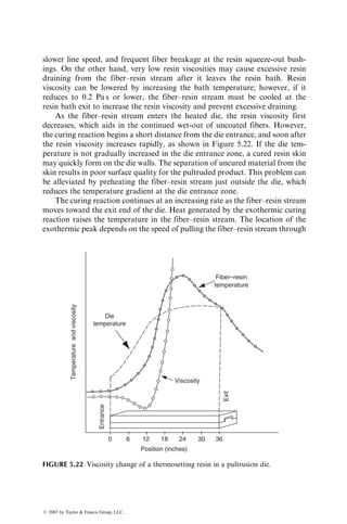 Teflon-coated glass fabric separator, a caul plate, and then a thin heat-resistant
vacuum bag, which is closed around its periphery by a sealant. The entire
assembly is placed inside an autoclave where a combination of external pres-
sure, vacuum, and heat is applied to consolidate and densify separate plies into
a solid laminate. The vacuum is applied to remove air and volatiles, while the
pressure is required to consolidate individual layers into a laminate.
As the prepreg is heated in the autoclave, the resin viscosity in the B-staged
prepreg plies first decreases, attains a minimum, and then increases rapidly
(gels) as the curing (cross-linking) reaction begins and proceeds toward com-
pletion. Figure 5.10 shows a typical two-stage cure cycle for a carbon fiber–
epoxy prepreg. The first stage in this cure cycle consists of increasing the
temperature at a controlled rate (say, 28C=min) up to 1308C and dwelling at
this temperature for nearly 60 min when the minimum resin viscosity is reached.
Vacuum bag
Plastic breather
Nonporous teflon
Aluminum caul plate
Nonporous teflon
Bleeder
Porous teflon
Laminate
Porous teflon
Bleeder
Dam
Aluminum tool plate
Nonporous teflon
FIGURE 5.9 Schematic of a bag-molding process.
200
150
100
0
0
0
8
2
0
4
6
0.2
0.6
0.8
0.4
120
Time (min)
Pressure
Dwell
Temparature
Vacuum
Cure 2 h/175⬚C
Vacuum
(bars)
Pressure
(bars)
Temperature
(⬚C)
300
240
180
60
50
FIGURE 5.10 Typical two-stage cure cycle for a carbon fiber–epoxy prepreg.
ß 2007 by Taylor  Francis Group, LLC.
 