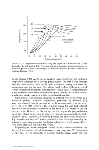 During this period of temperature dwell, an external pressure is applied on the
prepreg stack that causes the excess resin to flow out into the bleeder papers.
The resin flow is critical since it allows the removal of entrapped air and
volatiles from the prepreg and thus reduces the void content in the cured
laminate. At the end of the temperature dwell, the autoclave temperature is
increased to the actual curing temperature for the resin. The cure temperature
and pressure are maintained for 2 h or more until a predetermined level of cure
has occurred. At the end of the cure cycle, the temperature is slowly reduced
while the laminate is still under pressure. The laminate is removed from the
vacuum bag and, if needed, postcured at an elevated temperature in an air-
circulating oven.
The flow of excess resin from the prepregs is extremely important in
reducing the void content in the cured laminate. In a bag-molding process for
producing thin shell or plate structures, resin flow by face bleeding (normal to
the top laminate face) is preferred over edge bleeding. Face bleeding is more
effective since the resin-flow path before gelation is shorter in the thickness
direction than in the edge directions. Since the resin-flow path is relatively long
in the edge directions, it is difficult to remove entrapped air and volatiles from
the central areas of the laminate by the edge bleeding process.
The resin flow from the prepregs reduces significantly and may even stop
after the gel time, which can be increased by reducing the heat-up rate as well as
the dwell temperature (Figure 5.11). Dwelling at a temperature lower than the
curing temperature is important for two reasons: (1) it allows the layup to
achieve a uniform temperature throughout the thickness and (2) it provides
140
120
100
80
60
40
20
0
0 20 40
Time (min)
A
A
B
B
C
C
Gelation
Temperature
(⬚C)
Viscosity
(simulated
output)
1258C Dwell
1358C Dwell
Simulated autoclave
temperature
cycle
60
50
0
100
100
80
FIGURE 5.11 Effect of dwelling on gel time. (Adapted from Purslaw, D. and Childs, R.,
Composites, 17, 757, 1986.)
ß 2007 by Taylor  Francis Group, LLC.
 