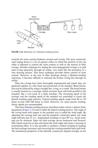 If on the other hand the cure pressure is applied after the gel time, the resin may
not be able to flow into the bleeder cloth because of the high viscosity it quickly
attains in the postgel period. Thus the pressure application time is an important
molding parameter in a bag-molding process. In general, it decreases with
increasing cure pressure as well as increasing heating rate.
The uniformity of cure in the laminate requires a uniform temperature
distribution in the laminate. The time needed for completing the desired degree
of cure is reduced by increasing the cure temperature as well as increasing the
heating rate (Table 5.2).
Besides voids and improper cure, defects in bag-molded laminates relate to
the ply layup and trimming operations. Close control must be maintained over
the fiber orientation in each ply, the stacking sequence, and the total number of
plies in the stack. Since prepreg tapes are not as wide as the part itself, each
layer may contain a number of identical plies laid side by side to cover the entire
mold surface. A filament gap in a single layer should not exceed 0.76 mm (0.03
in.), and the distance between any two gaps should not be 38 mm (1.5 in.) [10].
Care must also be taken to avoid filament crossovers. Broken filaments, foreign
matter, and debris should not be permitted. To prevent moisture pickup, the
prepreg roll on removal from the cold storage should be warmed to room
temperature before use.
5.3 COMPRESSION MOLDING
Compression molding is used for transforming sheet-molding compounds
(SMC) into finished products in matched molds. The principal advantage of
compression molding is its ability to produce parts of complex geometry in
short periods of time. Nonuniform thickness, ribs, bosses, flanges, holes, and
shoulders, for example, can be incorporated during the compression-molding
TABLE 5.2
Cure Time for 90% Degree of Cure in a 32-Ply
Carbon Fiber–Epoxy Laminatea
Cure Temperature,
8C (8F)
Heating Rate,
8C=min (8F=min)
Cure Time
(min)
135 (275) 2.8 (5) 236
163 (325) 2.8 (5) 110
177 (351) 2.8 (5) 89
177 (351) 5.6 (10) 65
177 (351) 11.1 (20) 52
a
Based on a theoretical model developed by Loos and Springer —
Loos, A.C. and Springer, G.S., J. Compos. Mater., 17, 135, 1983.
ß 2007 by Taylor  Francis Group, LLC.
 