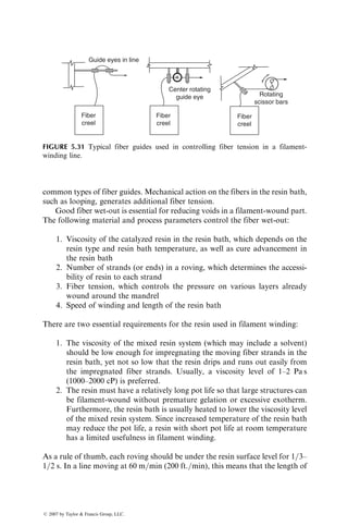 the interior layers, with slip occurring between the layers as well as at the mold
surface. As the charge thickness is reduced, the extensional deformation
becomes more uniform and approaches the same flow pattern observed at
fast mold-closing speeds. For a good molded part, a rapid mold-closing speed
is desirable since it avoids the possibility of premature gelation and produces
the most uniform flow pattern regardless of the charge thickness [14].
Compression-molded SMC parts may contain a wide variety of surface and
internal defects (Table 5.3). The surface defects usually create a poor surface
appearance or unacceptable surface finish, and the internal defects may affect
performance of the molded part. The origin of some of these defects is discussed
as follows.
Porosity is the result of small internal voids or surface pits (Figure 5.17a)
caused by the entrapment of air or other gases in the molded part. Air is
introduced into the SMC at a number of stages, namely, (1) in the resin paste
during mechanical blending of liquid resin, styrene monomer, and fillers, (2) at
the fiber–resin interface owing to inefficient wetting, (3) in the SMC sheet
during compaction between carrier films, (4) between layers of SMC sheets in
the charge, and (5) in the closed mold. Air entrapped in the SMC before mold
closure is squeezed into small volumes by the pressure exerted during molding.
A substantial amount of these air volumes can be carried away by the material
flowing toward the vents and shear edges. However, if proper venting is not
provided in the mold or the material viscosity is high during its flow, these air
volumes may remain entrapped as voids in the molded part.
Blisters are interlaminar cracks (Figure 5.17b) formed at the end of molding
due to excessive gas pressure in the interior region of the molded part. The
internal gas pressure is generated during molding from unreacted styrene
monomer in undercured parts or from large pockets of entrapped air between
the stacked layers. If this internal pressure is high, interlaminar cracks may form
at the time of mold opening. The delaminated area near the surface may bulge
TABLE 5.3
Common Surface Defects in Compression-Molded SMC
Defect Possible Contributing Factors
Pinhole Coarse filler particles, filler particle agglomeration
Long-range waviness or ripple Resin shrinkage, glass fiber distribution
Craters Poor dispersion of the lubricant (zinc stearate)
Sink marks Resin shrinkage, fiber distribution, fiber length,
fiber orientation
Surface roughness Resin shrinkage, fiber bundle integrity, strand dimensions,
fiber distribution
Dark areas Styrene loss from the surface
Pop-up blisters in painted parts Subsurface voids due to trapped air and volatiles
ß 2007 by Taylor  Francis Group, LLC.
 