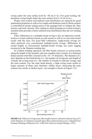 into a dome-shaped blister by the entrapped gas pressure. Blisters may also
appear during some postmolding operations, such as high-temperature baking
in a paint oven, which causes expansion of entrapped air or gases.
Griffith and Shanoski [15] suggested two possible ways of reducing blisters:
1. Minimize the entrapped air. The most effective method for minimizing
the entrapped air is vacuum molding, in which air from the mold is
evacuated just as the mold is closed. A second method of reducing the
entrapped air is to allow more radial flow by stacking more plies over a
smaller area instead of stacking fewer plies over a larger area.
2. Increase the interlaminar shear strength by changing the resin type,
using coupling agents, reducing contamination between layers, decreas-
ing the molding temperature, and assuring proper cure before the mold
pressure is released.
In any molding operation involving long flow paths, it is extremely difficult to
control the preferential orientation of fibers. With compression molding of
SMC-R, abrupt changes in thickness, any obstruction in the flow path, or the
Surface
pinholes
Voids
(a)
(c) (d)
(e) (f)
(b)
Fibers oriented
parallel to the edge
Insert
Knit line
Fiber buckling
Blister
Sink mark
Rib
FIGURE 5.17 Various defects in a compression-molded SMC part.
ß 2007 by Taylor  Francis Group, LLC.
 