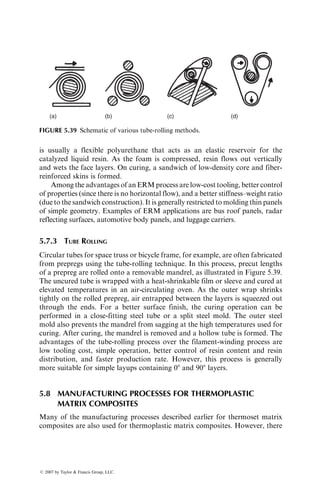 the die (Figure 5.23). As the curing reaction nears completion, the exotherm
temperature decreases and a cooling period begins. The rate of heat transfer
from the cured material into the die walls is increased owing to a lower die
temperature near the exit zone. This allows rapid cooling of the entire cured
section while it is still under the confinement of the die walls. If the temperature
in the interior of the cured section remains high at the time of exit from the die,
interlaminar cracks may form within the pultruded member.
Unlike many other molding processes, no external pressure is applied in a
pultrusion process. However, experiments performed by Sumerak [20]
have demonstrated that the pressure in the die entrance zone is in the range
of 1.7–8.6 MPa (250–1250 psi). The principal source for such high internal
pressure is the volumetric expansion of the resin as it is heated in the die
entrance zone. However, as the curing reaction begins, the polymerization
shrinkage reduces the pressure to near-zero values at approximately the mid-
length of the die. In general, the internal pressure can be increased by control-
ling the resin chemistry and the fiber volume fraction. Although increasing the
internal pressure may also result in a higher pulling force, it will improve fiber–
resin consolidation in the pultruded section.
Depending on the part complexity, resin viscosity, and cure schedule, the
line speed in a commercial pultrusion process may range from 50–75 mm=min
(2–3 in.=min) to 3–4.5 m=min (10–15 ft.=min). High line speeds usually shift the
24
18
12
Die
30
Pulling speed =
36 in./min
Position in the die (in.)
0 6 12 18 24 30 36 42 48 54
100
200
300
400
Temperature
(⬚F)
FIGURE 5.23 Temperature distribution along the length of a pultrusion die. (After
Sumerak, J.E. and Martin, J.D., Applying internal temperature measurement data to
pultrusion process control, Proceedings 41st Annual Conference, Society of the Plastics
Industry, January 1986.)
ß 2007 by Taylor  Francis Group, LLC.
 