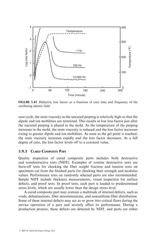 common types of fiber guides. Mechanical action on the fibers in the resin bath,
such as looping, generates additional fiber tension.
Good fiber wet-out is essential for reducing voids in a filament-wound part.
The following material and process parameters control the fiber wet-out:
1. Viscosity of the catalyzed resin in the resin bath, which depends on the
resin type and resin bath temperature, as well as cure advancement in
the resin bath
2. Number of strands (or ends) in a roving, which determines the accessi-
bility of resin to each strand
3. Fiber tension, which controls the pressure on various layers already
wound around the mandrel
4. Speed of winding and length of the resin bath
There are two essential requirements for the resin used in filament winding:
1. The viscosity of the mixed resin system (which may include a solvent)
should be low enough for impregnating the moving fiber strands in the
resin bath, yet not so low that the resin drips and runs out easily from
the impregnated fiber strands. Usually, a viscosity level of 1–2 Pa s
(1000–2000 cP) is preferred.
2. The resin must have a relatively long pot life so that large structures can
be filament-wound without premature gelation or excessive exotherm.
Furthermore, the resin bath is usually heated to lower the viscosity level
of the mixed resin system. Since increased temperature of the resin bath
may reduce the pot life, a resin with short pot life at room temperature
has a limited usefulness in filament winding.
As a rule of thumb, each roving should be under the resin surface level for 1=3–
1=2 s. In a line moving at 60 m=min (200 ft.=min), this means that the length of
Guide eyes in line
Center rotating
guide eye Rotating
scissor bars
Fiber
creel
Fiber
creel
Fiber
creel
FIGURE 5.31 Typical fiber guides used in controlling fiber tension in a filament-
winding line.
ß 2007 by Taylor  Francis Group, LLC.
 