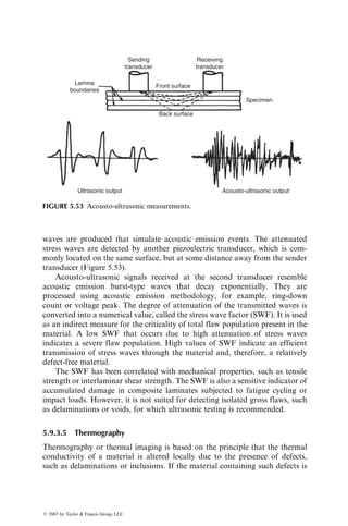 is applied at the beginning to remove the trapped air from the preform. As the
temperature is increased in the autoclave, the resin viscosity decreases and the
resin starts to flow through the dry fiber preform. Pressure is applied to force
the liquid resin to infiltrate the preform and wet out the fibers. With the
temperature now raised to the prescribed curing temperature, the curing reac-
tion begins and the liquid resin starts to gel. If an epoxy film is used, the curing
cycle is similar to that shown in Figure 5.10 and may take several minutes to
several hours depending on the resin type and the curing conditions used.
5.7.2 ELASTIC RESERVOIR MOLDING
In elastic reservoir molding (ERM), a sandwich of liquid resin-impregnated
open-celled foam and face layers of dry continuous strand mat, woven roving,
or cloth placed in a heated mold (Figure 5.38) are pressed with a molding
pressure of 520–1030 kPa (75–150 psi). The foam in the center of the sandwich
Vacuum
bag
Dry fiber
stack
Mold
Precatalyzed resin
film
To
vacuum
pump
FIGURE 5.37 Schematic of resin film infusion process.
Dry fibrous
reinforcement
Resin-impregnated
foam
(a)
(b)
FIGURE 5.38 Schematic of the elastic reservoir molding process.
ß 2007 by Taylor  Francis Group, LLC.
 