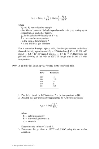 accepted or rejected on the basis of defect quality standards developed earlier at
the prototype development stage. In the event of service failure, the NDT
records can also serve a useful purpose in analyzing the cause of failure. At
the present time, both ultrasonic and radiographic tests are performed on
structural composites used in aircraft or aerospace applications. Other NDT
methods, such as the acoustic emission test, thermography, and the acousto-
ultrasonic test, are used mostly as research tools to monitor damage develop-
ment during mechanical tests of composite specimens. A common problem
with all these tests, including ultrasonic and radiography, is the lack of stand-
ards that can be used to distinguish between critical and noncritical defects.
5.9.3.1 Radiography
In radiographic techniques, the internal structure of a molded part is examined
by impinging a beam of radiation on one of its surfaces and recording the
intensity of the beam as it emerges from the opposite surface. Conventional
radiography uses x-rays (in the range of 7–30 keV) as the source of radiation
and records the internal defects as shadow images on a photographic film.
Gamma rays are more useful in thicker parts, since they possess shorter
wavelengths and, hence, greater penetrating power than x-rays. Other radiation
beams, such as beta irradiation and neutron radiation, are also used. Imaging
techniques, such as displaying the image on a fluorescent screen (fluoroscopy)
or cross-sectional scanning [32] by computed tomography (CT), are also avail-
able. The former is more useful for on-line inspection of production parts than
the photographic technique.
In fiber-reinforced composite structures, radiography is capable of detect-
ing large voids, foreign inclusions, translaminar cracks, and nonuniform fiber
distribution, as well as fiber misorientation (such as weld lines or fiber wrin-
kles). These defects change the intensity of the radiation beam by varying
amounts and create images of different shades and contrasts on the photo-
graphic film. Thus, for example, large voids appear as dark spots and fiber-rich
areas appear as light streaks on an x-ray film. The detection of microvoids and
delaminations is possible by using radiopaque penetrants, such as sulfur,
trichloroethylene, or carbon tetrachloride. The detection of fiber misorienta-
tion may require the use of lead glass tracers in the prepreg or SMC.
5.9.3.2 Ultrasonic
Ultrasonic inspection uses the energy levels of high-frequency (1–25 MHz)
sound waves to detect internal defects in a test material. The ultrasonic sound
energy is generated by electrically exciting a piezoelectric transducer and is
introduced into the surface of a molded part by means of a coupling medium.
As the ultrasonic waves propagate through the material, their energy levels
are attenuated by the presence of defects. Although some of the attenuated
ß 2007 by Taylor  Francis Group, LLC.
 