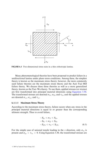 5.10 COST ISSUES
One major obstacle to greater use of fiber-reinforced composites in structural
applications is their cost. Although carbon fiber-reinforced composites are used
in large quantities in aerospace applications, their high cost is still a concern.
The automotive industry is significantly more cost-conscious and has used
carbon fiber-reinforced composites in a very limited amount. Most of the
structural composite parts used in automobiles today are manufactured from
glass fiber-reinforced polyesters or vinyl esters using compression molding
or glass fiber-reinforced polyurethane using SRIM. Even with their lower
cost, they cannot always compete with low carbon steel, which is less than
half as expensive. It has been shown that carbon fiber-reinforced polymers can
greatly reduce the weight of automotive body and chassis components due to
their high modulus–weight ratio and fatigue resistance, but the high cost of
carbon fibers has prevented their use in the automotive industry. The same
argument can be made for many other nonaerospace industries as well.
The high cost of fibers is not the only reason for the high cost of fiber-
reinforced polymers. The cost of the matrix can also be very high, especially if it
is a high-temperature polymer. For the total material cost, one must also
include the cost of preparing the material, for example, for making prepreg
or for making sheet-molding compound sheet. The standard unidirectional
carbon fiber–epoxy prepreg is typically about 1.5–2 times the cost of carbon
fibers [41]. The cost of making toughened epoxy prepreg or high temperature
thermoplastic matrix prepreg can be as much as three times higher than that of
making standard epoxy prepregs.
The second item in the cost consideration is the fabrication cost of fiber-
reinforced polymer parts, which depends on part design and the manufacturing
process selected for fabrication. In the early days of composite applications in the
aerospace industry, hand layup of prepreg stacks followedby vacuum bagging and
autoclave curing was the most common method of producing carbon fiber-
reinforced epoxy parts. The processing steps involved in autoclave molding are
1. Cutting the prepreg material (template layout, actual cutting and mark-
ing of the cut plies)
2. Laying up the plies (orienting the plies, building up the stack, and
tacking or debulking)
3. Bagging and autoclave preparation
4. Autoclave cycle
5. Demolding
6. Trimming the part to final dimensions
7. Inspection, including nondestructive testing
Most of the operations involved in autoclave molding are done manually,
may take several minutes to several hours, and require the use of highly
ß 2007 by Taylor  Francis Group, LLC.
 