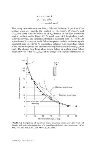 skilled workers. It is a labor-intensive process and the direct labor cost for
such a process may be 3–3.5 times the direct material cost. While vacuum
bagging is still the most common manufacturing process in the aerospace
industry, the use of computer-controlled prepreg cutting and tape-laying
machines has reduced the labor cost; albeit at a higher equipment cost.
RTM is also increasingly used in manufacturing many aircraft composite
parts. Filament winding and pultrusion are less labor-intensive, can be highly
automated, and can produce higher number of parts per hour; however, as
discussed earlier in this chapter, they are suitable for making relatively simple
structures.
Another aspect of the cost issue is the tooling cost, which includes the mold
material cost and mold making cost. The selection of the mold material
depends on part design (both size and complexity), production rate, and
volume of production. For thermoset matrix prepregs, alloy steel tools are
commonly used for high-volume production runs. For thermoplastic matrix
prepregs, the processing temperature is higher, typically in the range of 2608C–
3008C compared with 1758C or lower for thermoset matrix prepregs. At high
processing temperatures, the difference in thermal expansions of the tool
material and the prepreg must be minimized; otherwise, there may be fiber
motion during cooling, which can cause fiber buckling and fiber breakage.
Many low CTE mold materials are available—for example, monolithic graph-
ite, castable ceramic, and chemically bonded ceramic. However, these materials
are very expensive and they are easily damaged during transport, demolding,
and temperature ramp-up.
Next, the cost of assembly must also be considered. Even though reduc-
tion in the number of parts achieved through parts integration reduces the
number of assembly operations, there may still be a few needed to construct a
large or complex composite structure. Assembly operations are also needed to
attach composite parts with metal parts. Mechanical assembly using rivets and
bolts is the primary assembly technique used in the aerospace industry.
Cocuring and cobonding are also becoming assembly techniques. Mechanical
assembly is often preferred over adhesive bonding, since it does not require
surface preparation and long cycle time as is needed for the adhesive curing
process and it allows disassembly for inspection and repair. However, the
close tolerance required for mechanical assembly or secondary adhesive bond-
ing is often not achieved with fiber-reinforced polymers, and shimming is used
to assure a good fit and avoid damage to composite part during assembly.
Thus, even with mechanical assembly, the assembly cost may be close to the
part fabrication cost.
Finally, the cost of quality inspection must also be added. For high-
performance parts requiring safe operation during their life time, 100% of the
parts may need to be inspected for manufacturing defects, such as voids,
delaminations, ply gap, resin-rich or resin-starved areas, misoriented plies,
and so on. In the aerospace industry, the most common quality inspection
ß 2007 by Taylor  Francis Group, LLC.
 