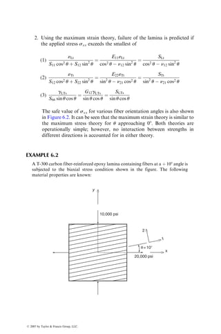 38. A. Vary, Acousto-ultrasonics, Non-Destructive Testing of Fibre-Reinforced Plastics
Composites, Vol. 2 (J. Summerscales, ed.), Elsevier Applied Science, London (1990).
39. D.J. Hillman and R.L. Hillman, Thermographic inspection of carbon epoxy struc-
tures, Delamination and Debonding of Materials, ASTM STP, 873:481 (1985).
40. E.G. Henneke, II and T.S. Jones, Detection of damage in composite materials by
vibrothermography, Nondestructive Evaluation and Flaw Criticality of Composite
Materials, ASTM STP, 696:83 (1979).
41. T.G. Gutowski, Cost, automation, and design, Advanced Composites Processing
(T.G. Gutowski, ed.), John Wiley  Sons, New York, NY (1997).
PROBLEMS
P5.1. The following isothermal cure rate equation was found to fit the DSC
data for a thermoset resin:
dac
dt
¼ k(1  ac)2
,
where k is a temperature-dependent constant. Solve this differential
equation to show that time required to achieve a cure level ac is given by
t ¼
ac
k(1  ac)
:
P5.2. In Problem 5.1, the constant k (per minute) is given by the following
Arrhenius equation:
k ¼ 2:3  106
exp 
14:8
RT
 
,
where
R is the universal gas constant (kcal=mol K)
T is the absolute temperature (K)
Calculate the cure times for 50%, 80%, and 99.9% cure levels in the
thermoset resin at 1008C and 1508C. State the observations you will
make from these calculations.
P5.3. The degree of cure of a vinyl ester resin used for RTM as a function of
cure time is given by the following equation.
ac ¼
kt
1 þ kt
,
ß 2007 by Taylor  Francis Group, LLC.
 