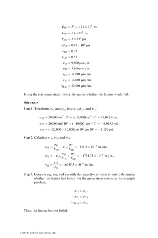 where
k ¼ 1:25  106
exp 
5000
T
 
t is the cure time in minutes
T is the temperature in 8K
(a) Assuming that the presence of fibers does not influence the cure
kinetics, determine the temperature that should be used to achieve
80% cure in 1 min cure time.
(b) What is the cure rate at 80% cure in (a)?
(c) What temperature should be used if the cure rate needs to be
doubled at 80% cure? What will be the cure time now?
P5.4. The isothermal rate of cure for a thermoset polyester system is given by
the following equation:
dac
dt
¼ kam
c (1  ac)n
:
Show that the maximum rate of cure for this polyester system is
obtained at a cure level
ac ¼
m
m þ n
:
P5.5. The isothermal cure rate of a DGEBA epoxy cured with m-phenylene
diamine is given by Equation 5.4. The kinetic parameters, determined
from DSC data, are
m ¼ 0:45
n ¼ 1:55
k1 ¼ 2:17  106
exp (E1=RT) per minute
k2 ¼ 1:21  106
exp (E2=RT) per minute
E1 ¼ 13,600 cal=mol
E2 ¼ 13,700 cal=mol
1. Graphically compare the cure rates of this epoxy resin at 1008C,
1258C, and 1508C as a function of the degree of cure, ac. State the
observations you will make from the graphs.
2. Determine the maximum cure rate at each temperature.
ß 2007 by Taylor  Francis Group, LLC.
 
