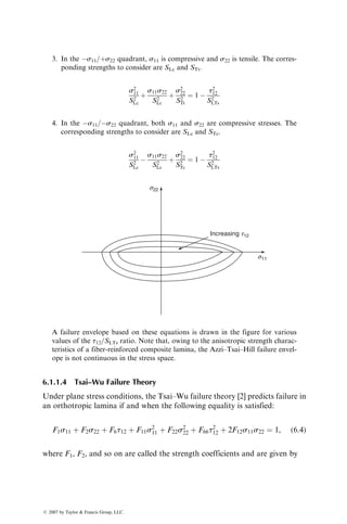 ln h ¼ ln h1 þ
E1
RT
þ tk exp 
E2
RT
 
,
where
E1 and E2 are activation energies
k is a kinetic parameter (which depends on the resin type, curing agent
concentration, and other factors)
h1 is the calculated viscosity at T ¼ 1
T is the absolute temperature
t is the time at temperature T
R is the universal gas constant
For a particular B-staged epoxy resin, the four parameters in the iso-
thermal viscosity equation are: E1 ¼ 27,000 cal=mol, E2 ¼ 19,000 cal=
mol, k ¼ 6.4 3 107
per second, and h1 ¼ 2 3 1011
cP. Determine the
gel-time viscosity of the resin at 1708C if the gel time is 200 s at this
temperature.
P5.9. A gel-time test on an epoxy resulted in the following data:
T (8C) Time (min)
140 4
130 7.5
120 14
110 25
105 34.3
1. Plot ln(gel time) vs. 1=T is (where T is the temperature in K).
2. Assume that gel time can be represented by Arrhenius equation:
tgel ¼ A exp
E
RT
 
,
where
E ¼ activation energy
R ¼ universal gas constant
A ¼ constant
Determine the values of A and E.
3. Determine the gel time at 1008C and 1508C using the Arrhenius
equation.
ß 2007 by Taylor  Francis Group, LLC.
 