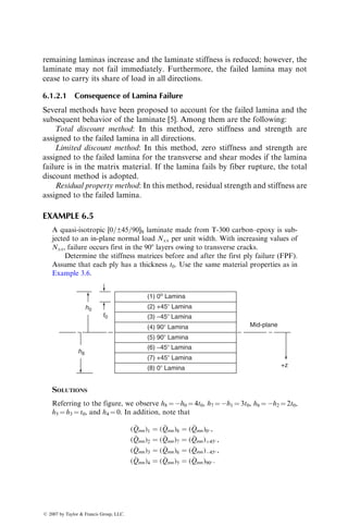 1. How much resin (in kilograms) must be pumped to fill the cavity?
2. How much time will be needed to fill the cavity at a constant flow
rate of 130 mm3
=s?
3. What will be the maximum injection pressure needed to fill the cavity
at this constant flow rate?
P5.20. Suppose in Problem 5.19, it is decided to fill the cavity at constant
pressure instead of constant fill rate. If the constant pressure is
1.5 MPa, how much time will be needed to fill the cavity?
P5.21. Ultrasonic testing of an impact-tested quasi-isotropic composite panel
containing carbon fibers in PEEK matrix shows the presence of local
delaminations, even though there are no apparent damages on the
outside. Propose, in as much detail as possible, a plan to repair the
internal damage and recommend tests to validate the repair.
P5.22. Eddy current technique has been used for nondestructively detecting
cracks and inclusions in metals. Investigate how this technique can be
used for fiber-reinforced composites and discuss its limitations.
ß 2007 by Taylor  Francis Group, LLC.
 