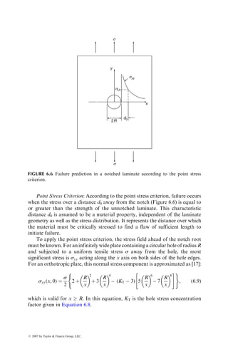 transverse tensile failure occurs at u ¼ u2 ¼ tan1
STt=SLTs. For example, for an
E-glass fiber–epoxy composite with SLt ¼ 1100 MPa, STt ¼ 96:5 MPa, and
SLTs ¼ 83 MPa, u1 ¼ 4:3
and u2 ¼ 49:3
. Thus, according to the maximum
stress theory, longitudinal tensile failure of this composite lamina will occur
for 0
 u  4:3
, in-plane shear failure will occur for 4:3
 u  49:3
and
transverse tensile failure will occur for 49:3
 u  90
.
EXAMPLE 6.1
A unidirectional continuous T-300 carbon fiber-reinforced epoxy laminate is
subjected to a uniaxial tensile load P in the x direction. The laminate width and
thickness are 50 and 2 mm, respectively. The following strength properties are
known:
SLt ¼ SLc ¼ 1447:5 MPa, STt ¼ 44:8 MPa, and SLTs ¼ 62 MPa:
Determine the maximum value of P for each of the following cases: (a) u ¼ 08,
(b) u ¼ 308, and (c) u ¼ 608.
SOLUTION
The laminate is subjected to a uniaxial tensile stress sxx due to the tensile load
applied in the x direction. In all three cases, sxx ¼ P
A, where A is the cross-sectional
area of the laminate.
1. Since u ¼ 0
, s11 ¼ sxx, s22 ¼ 0, and t12 ¼ 0.
Therefore, in this case the laminate failure occurs when s11 ¼ sxx ¼ SLt ¼
1447:5 MPa.
Since sxx ¼ P
A ¼ P
(0:05 m)(0:002 m), the tensile load P at which failure
occurs is 144.75 kN. The mode of failure is the longitudinal tensile failure
of the lamina.
2. Since u ¼ 308, using Equation 3.30,
s11 ¼ sxx cos2
30
¼ 0:75 sxx,
s22 ¼ sxx sin2
30
¼ 0:25 sxx,
t12 ¼ sxx sin 30
cos 30
¼ 0:433 sxx:
According to Equation 6.1, the maximum values of s11, s22, and t12 are
(1) s11 ¼ 0:75sxx ¼ SLt ¼ 1447:5 MPa, which gives sxx ¼ 1930 MPa
(2) s22 ¼ 0:25sxx ¼ STt ¼ 44:8 MPa, which gives sxx ¼ 179:2 MPa
(3) t12 ¼ 0:433sxx ¼ SLTs ¼ 62 MPa, which gives sxx ¼ 143:2 MPa
Laminate failure occurs at the lowest value of sxx. In this case, the lowest
value is 143.2 MPa. Using sxx ¼ P
A ¼ 143:2 MPa, P ¼ 14.32 kN. The mode
of failure is the in-plane shear failure of the lamina.
ß 2007 by Taylor  Francis Group, LLC.
 