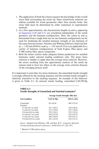 2. Using the maximum strain theory, failure of the lamina is predicted if
the applied stress sxx exceeds the smallest of
(1)
«Lt
S11 cos2 u þ S12 sin2
u
¼
E11«Lt
cos2 u  n12 sin2
u
¼
SLt
cos2 u  n12 sin2
u
(2)
«Tt
S12 cos2 u þ S22 sin2
u
¼
E22«Tt
sin2
u  n21 cos2 u
¼
STt
sin2
u  n21 cos2 u
(3)
gLTs
S66 sin u cos u
¼
G12gLTs
sin u cos u
¼
SLTs
sin u cos u
The safe value of sxx for various fiber orientation angles is also shown
in Figure 6.2. It can be seen that the maximum strain theory is similar to
the maximum stress theory for u approaching 08. Both theories are
operationally simple; however, no interaction between strengths in
different directions is accounted for in either theory.
EXAMPLE 6.2
A T-300 carbon fiber-reinforced epoxy lamina containing fibers at a þ 108 angle is
subjected to the biaxial stress condition shown in the figure. The following
material properties are known:
10,000 psi
20,000 psi
x
1
2
θ=10⬚
y
ß 2007 by Taylor  Francis Group, LLC.
 