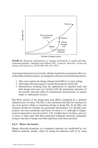 lamina is shown in the figure. The stress sxx in the loading direction creates the
following stresses in the principal material directions:
q
s11 ¼ sxx cos2
u ¼
1
2
sxx(1 þ cos 2u),
s22 ¼ sxx sin2
u ¼
1
2
sxx(1  cos 2u),
t12 ¼ sxx sin u cos u ¼ 
1
2
sxx sin 2u:
At failure, sxx ¼ Su, where Su denotes the failure strength in the off-axis tension
test. Substituting for s11, s22, and t12 in Equation 6.4 gives
S2
u[(3F11 þ 3F22 þ 2F12 þ F66) þ 4(F11  F22) cos 2u þ (F11 þ F22  2F12  F66)
cos 4u] þ 4Su[(F1 þ F2) þ (F1  F2) cos 2u]  8 ¼ 0:
This represents a quadratic equation of the form
AS2
u þ BSu þ C ¼ 0,
which can be solved to calculate the failure strength Su.
6.1.2 FAILURE PREDICTION FOR UNNOTCHED LAMINATES
Failure prediction for a laminate requires knowledge of the stresses and strains
in each lamina, which are calculated using the lamination theory described in
Chapter 3. The individual lamina stresses or strains in the loading directions are
transformed into stresses or strains in the principal material directions for
each lamina, which are then used in an appropriate failure theory to check
whether the lamina has failed. After a lamina fails, the stresses and strains in the
ß 2007 by Taylor  Francis Group, LLC.
 