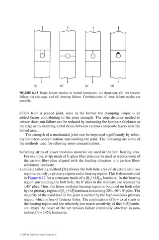 laminates fail by gross edge delaminations due to the presence of tensile inter-
laminar normal stress szz throughout the thickness. In contrast, the interlaminar
normal stress at the free edges of [90=0=±45]S laminates under similar loading
conditions is compressive in nature and no free-edge delaminations are
found in these laminates. When notched, both laminates fail by the initiation
and propagation of tensile cracks from the hole boundary, regardless of the
interlaminar stress distributions at the free edges of the hole or the straight
boundaries.
EXAMPLE 6.6
Failure Prediction in a Centrally Cracked Plate. Using the point stress criterion,
estimate the strength of an infinitely wide symmetric laminated plate containing a
central straight crack of length 2c subjected to a uniform tensile stress applied
normal to the crack plane at infinity.
s
y
x
2c
s
SOLUTION
The expression for the normal stress syy ahead of the crack is
syy(x, 0) ¼
x
ﬃﬃﬃﬃﬃﬃﬃﬃﬃﬃﬃﬃﬃﬃﬃ
x2  c2
p s,
which is valid for x  c.
According to the point stress criterion, failure occurs at s ¼ sN for which syy
(c þ d0, 0) ¼ sUt.
Thus,
(c þ d0)sN
ﬃﬃﬃﬃﬃﬃﬃﬃﬃﬃﬃﬃﬃﬃﬃﬃﬃﬃﬃﬃﬃﬃﬃﬃﬃﬃﬃﬃ
(c þ d0)2
 c2
p ¼ sUt
ß 2007 by Taylor  Francis Group, LLC.
 
