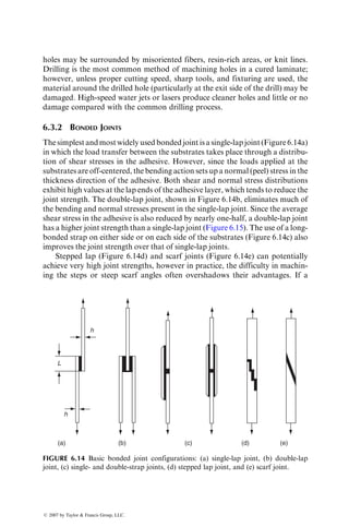 Interface 
szz (MPa) 
txz (MPa) 
tyz (MPa)
1 0.9 5.67 68.71
2 1.45 2.71 26.60
3 0.73 9.91 67.47
Using Szt ¼ 42.75 MPa and Sxz ¼ Syz ¼ 68.95 MPa, investigate whether any
of the interfaces will fail by delamination at this load.
SOLUTION
Interface 1: Since 
szz is compressive, we will not consider it in the failure predic-
tion by Equation 6.12. Thus, the left-hand side (LHS) of Equation
6.12 is
5:67
68:95
 2
þ
68:71
68:95
 2
 1:
Interface 2: The term 
szz is also compressive at this interface. Therefore, we will
not consider szz in the failure prediction by Equation 6.12. Thus the
LHS of Equation 6.12 is
2:71
68:95
 2
þ
26:6
68:95
 2
¼ 0:1504:
Interface 3: We will consider all three interlaminar stresses at this interface and
compute the LHS of Equation 6.12 as:
0:73
42:75
 2
þ
9:91
68:95
 2
þ
67:47
68:95
 2
¼ 0:9784:
Thus, according to Equation 6.12, only interface 1 is expected to fail by delamina-
tion at Nxx ¼ 410 kN=m.
6.2 LAMINATE DESIGN CONSIDERATIONS
6.2.1 DESIGN PHILOSOPHY
The design of a structure or a component is in general based on the philosophy
of avoiding failure during a predetermined service life. However, what consti-
tutes failure depends principally on the type of application involved. For
example, the most common failure mode in a statically loaded structure made
of a ductile metal is yielding beyond which a permanent deformation may occur
in the structure. On the other hand, the design of the same structure in a fatigue
load application must take into account the possibility of a brittle failure
accompanied by negligible yielding and rapid crack propagation.
ß 2007 by Taylor  Francis Group, LLC.
 