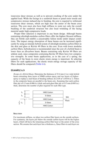 Step 3: Assuming that the ply thickness is 0.005 in., we determine the ply thickness
for each fiber orientation as
0
: 6  0:005 in: ¼ 0:03 in:
90
: 10  0:005 in: ¼ 0:05 in:
þ45
: 4  0:005 in: ¼ 0:02 in:
45
: 4  0:005 in: ¼ 0:02 in:
Thus, the total laminate thickness is 0.12 in.
6.2.4.2 Laminate Design for Stiffness
The stiffness of a member is a measure of its resistance to deformation or
deflection owing to applied loads. If the member is made of an isotropic
material, its stiffnesses are given by
Axial stiffness ¼ EA0,
Bending stiffness ¼ EIc,
Torsional stiffness ¼ GJc, (6:16)
where
E ¼ modulus of elasticity
G ¼ shear modulus
A0 ¼ cross-sectional area
Ic ¼ moment of inertia of the cross section about the neutral axis
Jc ¼ polar moment of inertia of the cross section
The stiffness equations for composite members are in general more involved
than those given in Equation 6.16. If the composite member is made of a
symmetric laminate, its stiffness against the in-plane loads is related to the
elements in the [A] matrix, whereas its stiffness against bending, buckling, and
torsional loads is related to the elements in the [D] matrix. The elements in both
[A] and [D] matrices are functions of the fiber type, fiber volume fraction, fiber
orientation angles, lamina thicknesses, and the number of layers of each orien-
tation. In addition, the elements in the [D] matrix depend strongly on the
lamina stacking sequence.
Except for 0, 90, and 0=90 combinations, the [D] matrix for all symmetric
laminates contains nonzero D16 and D26 terms. Closed-form solutions for
bending deflections, buckling loads, and vibrational frequencies of general
symmetric laminates are not available. The following closed-form solutions
[27,28] are valid for the special class of laminates for which D16 ¼ D26 ¼ 0
and the elements in the [B] matrix are negligible:
ß 2007 by Taylor  Francis Group, LLC.
 