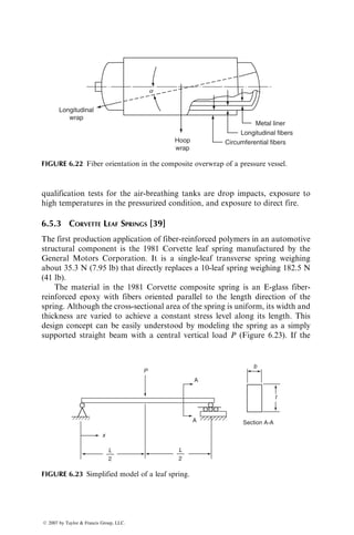 For most 08 continuous fiber composites, the fatigue strength in tension–
tension cycling can be approximated as
S ¼ SLt(1  b log N), (6:23)
where the value of the constant b depends primarily on the fiber type
(Table 6.5). If the tension member is exposed to tension–tension fatigue, its
design should be based on the fatigue strength of the material at the desired
number of cycles. It should be noted that ranking of the fibers based on the
fatigue strength can be different from that based on the fiber tensile strength.
The most critical design issue for a tension member involves the joints or
connections at its ends. A few joint design ideas other than the simple bolted or
bonded joints are shown in Figure 6.18.
6.4.2 DESIGN OF A COMPRESSION MEMBER
Tubular compression members made from fiber-reinforced polymeric materials
are finding applications in many aerospace structures, such as satellite trusses,
support struts, and flight control rods. Since these compression members are
mostly slender tubes, their design is usually based on preventing overall column
buckling as well as local buckling [33].
The compressive stress on a thin tube of radius r and wall thickness t is
s ¼
P
A0
¼
P
2prt
, (6:24)
where P is the axial compressive load.
For a pin-ended column, the overall buckling stress is given by
scol ¼
2L2
p2Exxr2
þ
2
Gxy
 1
, (6:25)
TABLE 6.5
Tensile Fatigue Strength Coefficient b for
Various 08 Laminates
Fiber Type b
Ultrahigh-modulus carbon 0.021
High-modulus carbon 0.035
High-strength carbon 0.05
Kevlar 49 0.035
S-glass 0.088
E-glass 0.093
ß 2007 by Taylor  Francis Group, LLC.
 