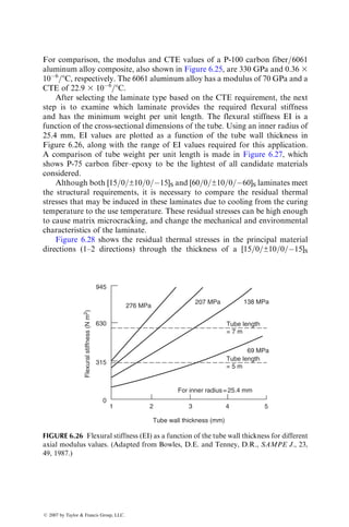 transverse shear stresses as well as to prevent crushing of the core under the
applied load. While the facings in a sandwich beam or panel resist tensile and
compressive stresses induced due to bending, the core is required to withstand
transverse shear stresses, which are high near the center of the beam cross
section. The core must also have high stiffness to resist not only the overall
buckling of the sandwich structure but also local wrinkling of the facing
material under high compressive loads.
Proper fiber selection is important in any beam design. Although beams
containing ultrahigh-modulus carbon fibers offer the highest flexural stiffness,
they are brittle and exhibit a catastrophic failure mode under impact condi-
tions. The impact energy absorption of these beams can be increased signifi-
cantly by using an interply hybrid system of ultrahigh-modulus carbon fibers in
the skin and glass or Kevlar 49 fibers in the core. Even with lower modulus
carbon fibers, hybridization is recommended since the cost of a hybrid beam is
lower than an all-carbon beam. Beams containing only Kevlar 49 fibers are
seldom used, since composites containing Kevlar 49 fibers have low compres-
sive strengths. In some beam applications, as in the case of a spring, the
capacity of the beam to store elastic strain energy is important. In selecting
fibers for such applications, the elastic strain energy storage capacity of the
fibers should be compared (Table 6.6).
EXAMPLE 6.9
Design of a Hybrid Beam. Determine the thickness of 25.4 mm (1 in.) wide hybrid
beam containing three layers of HMS carbon–epoxy and two layers of S-glass–
epoxy to replace a steel beam of bending stiffness 26.2 kN m2
(150 lb in.2
). Fibers
in the composite beam are parallel to the beam axis. Assuming that each carbon
fiber ply is 0.15 mm (0.006 in.) thick and each glass fiber ply is 0.13 mm (0.005 in.)
thick, determine the number of plies required for each fiber type.
1
t0
t0
t0
2
HMS Carbon
S Glass
HMS Carbon
Mid
Plane
S Glass
HMS Carbon
SOLUTION
For maximum stiffness, we place two carbon fiber layers on the outside surfaces.
For symmetry, the layers just below the outside carbon layers will be the S-glass
layers, which will leave the remaining carbon fiber layer at the center of the cross
section. We assume that each layer has a thickness t0. Since fibers in each layer are
ß 2007 by Taylor  Francis Group, LLC.
 