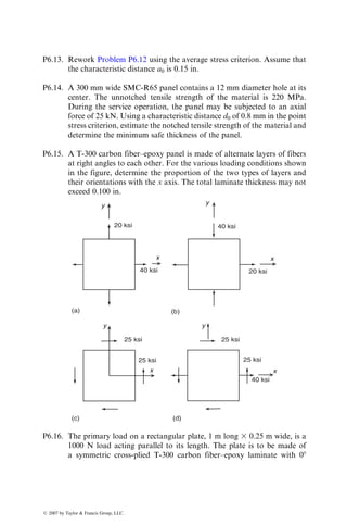 1. They must directly replace production aluminum ailerons in fit, form,
function, and stiffness, and result in weight reduction.
2. As in the case of aluminum ailerons, the composite ailerons must meet
the fail–safe design criteria for limit flight loads in accordance with the
U.S. Federal Aviation Administration (FAA) requirements.
3. The material selected for the aileron structure must not severely degrade
at temperatures ranging from 548C to 828C (658F to 1808F) or at
high humidity conditions.
After careful evaluation of a large number of material as well as design
alternatives, the following material and laminate constructions have been
selected for the principal structural components of composite ailerons.
Upper and lower covers: The cover panels have a sandwich construction
consisting of three layers of T-300 carbon fiber–epoxy tape on each side of a
0.95 mm (0.0375 in.) thick syntactic epoxy core. The laminate configuration is
[45=0=45=syntactic core=45=0=45], with the 08 plies oriented in the spanwise
direction. The syntactic epoxy core is a film epoxy adhesive filled with hollow
glass microspheres. Near the main rib as well as at the ends of each cover, the
syntactic core is replaced by five plies of T-300 carbon fiber–epoxy tape
oriented in the chordwise direction.
Front spar: The front spar is a constant-thickness channel section con-
structed of a [45=0=45=90=0]S T-300 carbon fiber–epoxy tape laminate. The
Intermediate ribs
Covers
Front spar
End rib
FIGURE 6.20 Construction of a Lockheed L-1011 composite aileron. (Note: The hinge
and actuator fittings are not shown. They are located on the front spar.)
ß 2007 by Taylor  Francis Group, LLC.
 