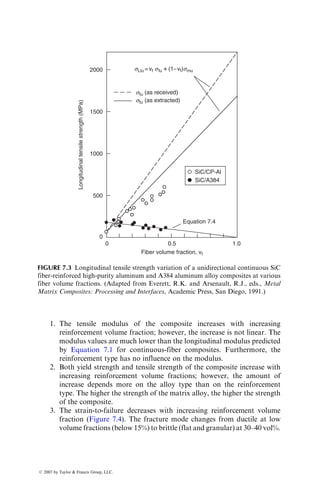 For comparison, the modulus and CTE values of a P-100 carbon fiber=6061
aluminum alloy composite, also shown in Figure 6.25, are 330 GPa and 0.36 3
106
=8C, respectively. The 6061 aluminum alloy has a modulus of 70 GPa and a
CTE of 22.9 3 106
=8C.
After selecting the laminate type based on the CTE requirement, the next
step is to examine which laminate provides the required flexural stiffness
and has the minimum weight per unit length. The flexural stiffness EI is a
function of the cross-sectional dimensions of the tube. Using an inner radius of
25.4 mm, EI values are plotted as a function of the tube wall thickness in
Figure 6.26, along with the range of EI values required for this application.
A comparison of tube weight per unit length is made in Figure 6.27, which
shows P-75 carbon fiber–epoxy to be the lightest of all candidate materials
considered.
Although both [15=0=±10=0=15]S and [60=0=±10=0=60]S laminates meet
the structural requirements, it is necessary to compare the residual thermal
stresses that may be induced in these laminates due to cooling from the curing
temperature to the use temperature. These residual stresses can be high enough
to cause matrix microcracking, and change the mechanical and environmental
characteristics of the laminate.
Figure 6.28 shows the residual thermal stresses in the principal material
directions (1–2 directions) through the thickness of a [15=0=±10=0=15]S
Flexural
stiffness
(N
m
2
)
945
630
315
0
Tube wall thickness (mm)
1 2 3 4 5
276 MPa
For inner radius=25.4 mm
Tube length
= 5 m
Tube length
= 7 m
138 MPa
69 MPa
207 MPa
FIGURE 6.26 Flexural stiffness (EI) as a function of the tube wall thickness for different
axial modulus values. (Adapted from Bowles, D.E. and Tenney, D.R., SAMPE J., 23,
49, 1987.)
ß 2007 by Taylor  Francis Group, LLC.
 